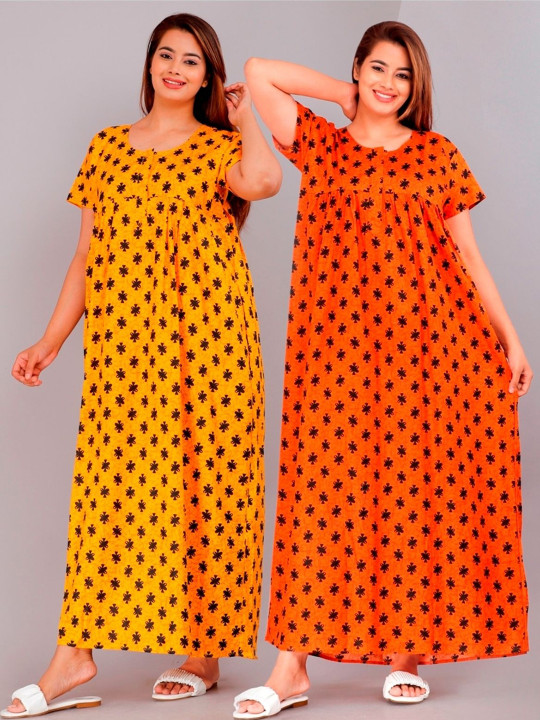 PR PINK ROYAL Women Pack Of 2 Printed Pure Cotton Maxi Nightdress