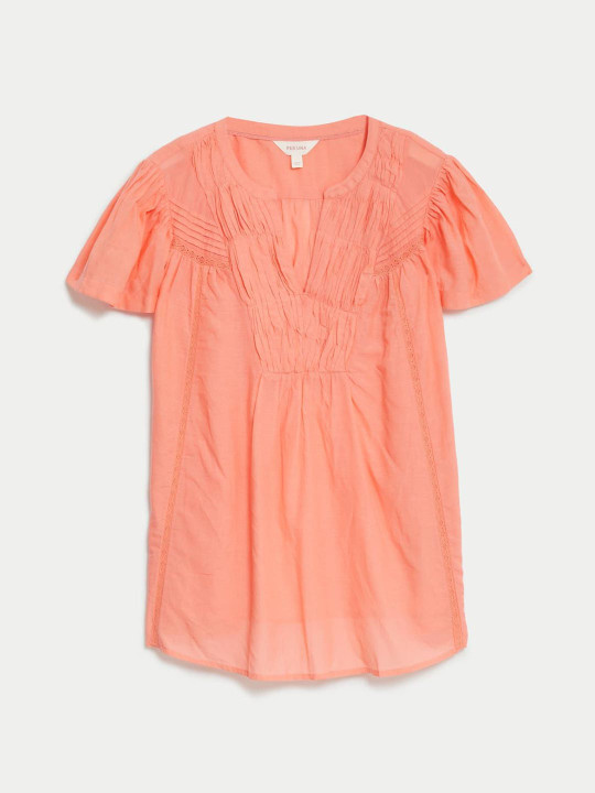 Marks & Spencer Cotton Rich Notch Neck Shirred Blouse