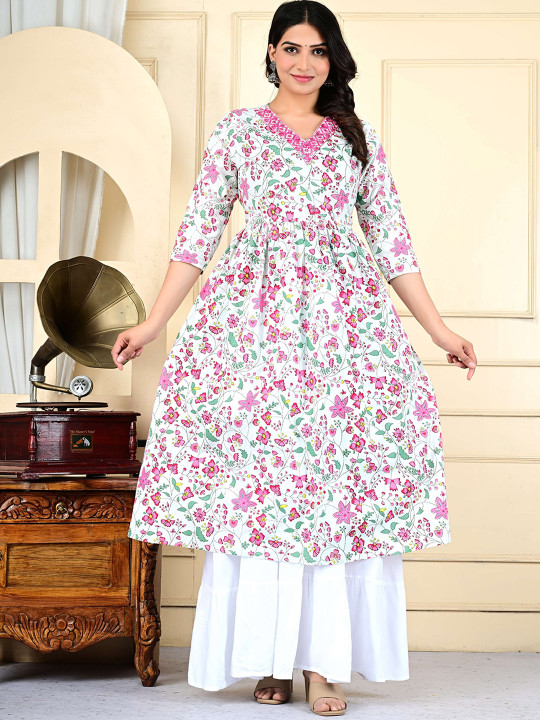 GUNDIA FASHION Floral Printed V-Neck Thread Work Pure Cotton Anarkali Kurta