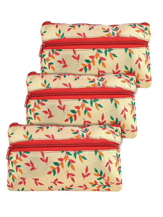 Kuber Industries Gold Toned & Red Pack of 3 Leaf Printed Purse Clutchs