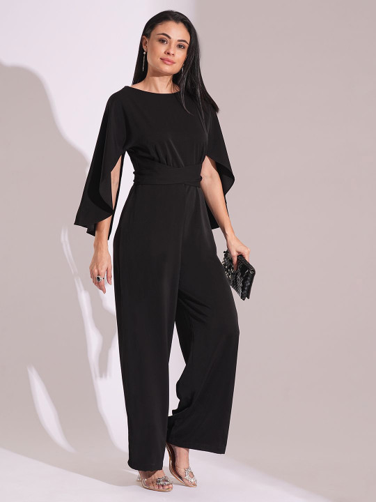 Globus Boat Neck Cape Sleeves Criss Cross Waist Tie-Up Detail Satin Party Jumpsuit