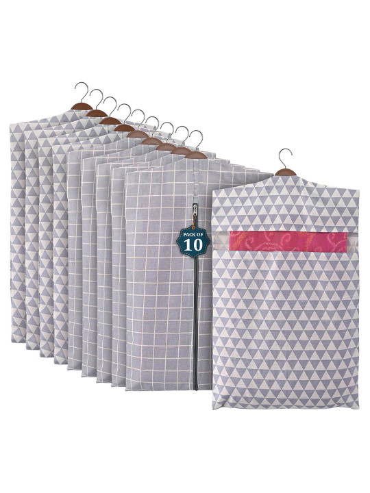 Kuber Industries Grey Set of 10 Cotton Regular Multi-Utility Saree Cover Organisers