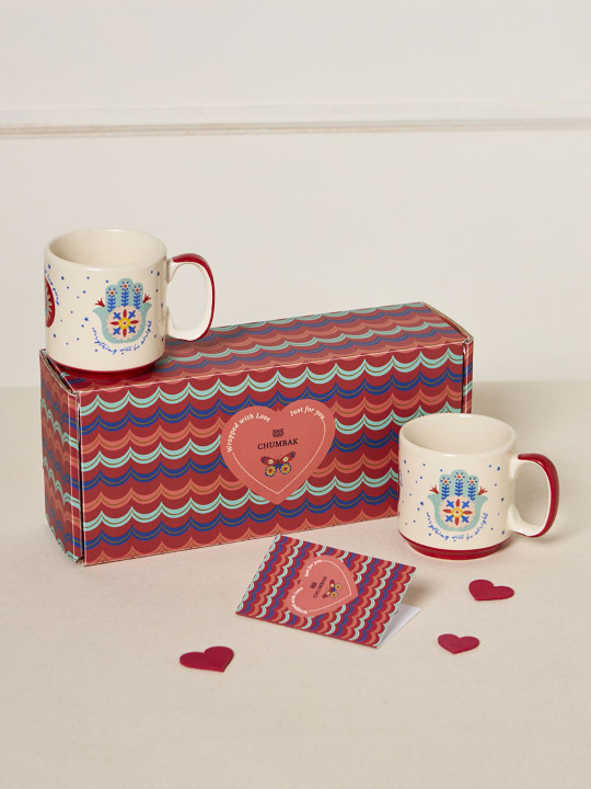 Chumbak Red & Beige Hamsa Mugs Duo Gift Set Of 2 Comes In A Gift Box