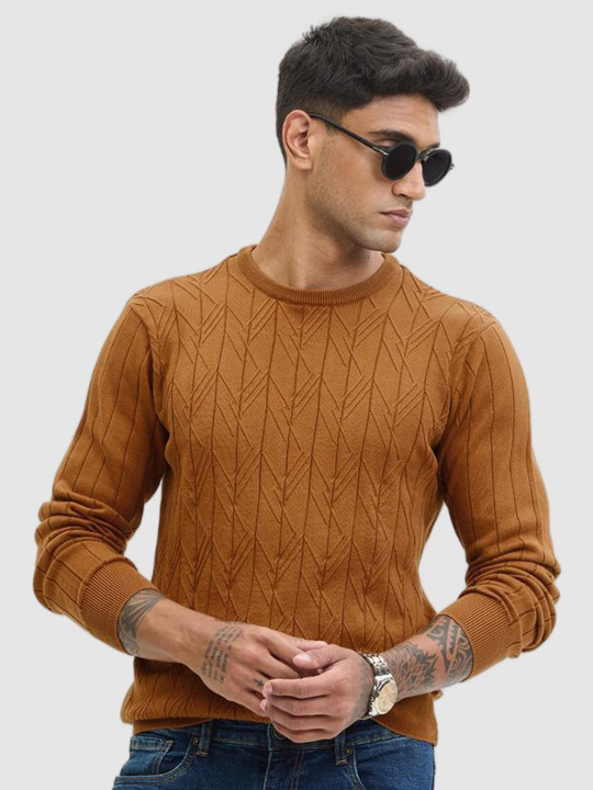 Snitch Men Pure Cotton Self Design Pullover Sweater