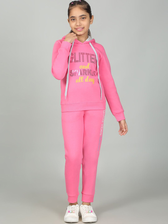 Cantabil Girls Typography Hooded Printed Sweatshirt With Joggers