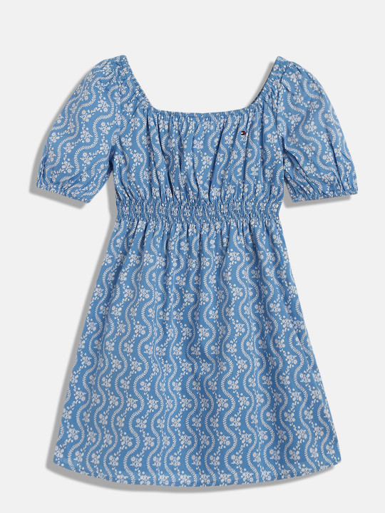 Tommy Hilfiger Floral Print Puff Sleeve Organic Cotton Fit & Flare Dress