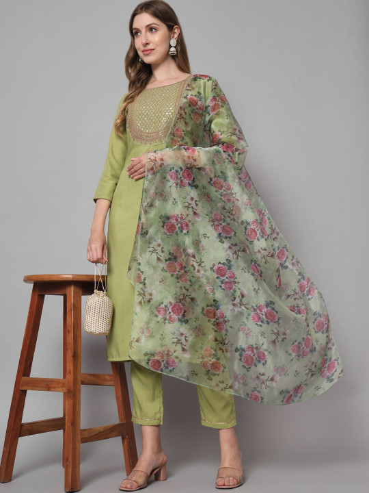 VredeVogel Women Embroidered Regular Kurta with Trousers & With Dupatta