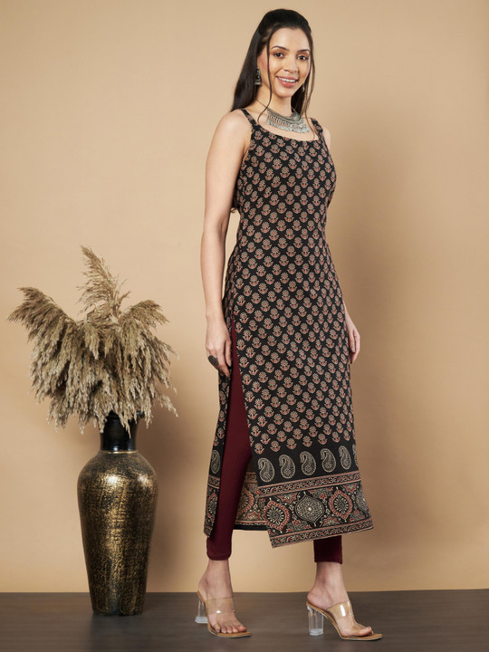 Vbuyz Floral Printed Shoulder Straps Boat Neck Cotton Straight Kurta