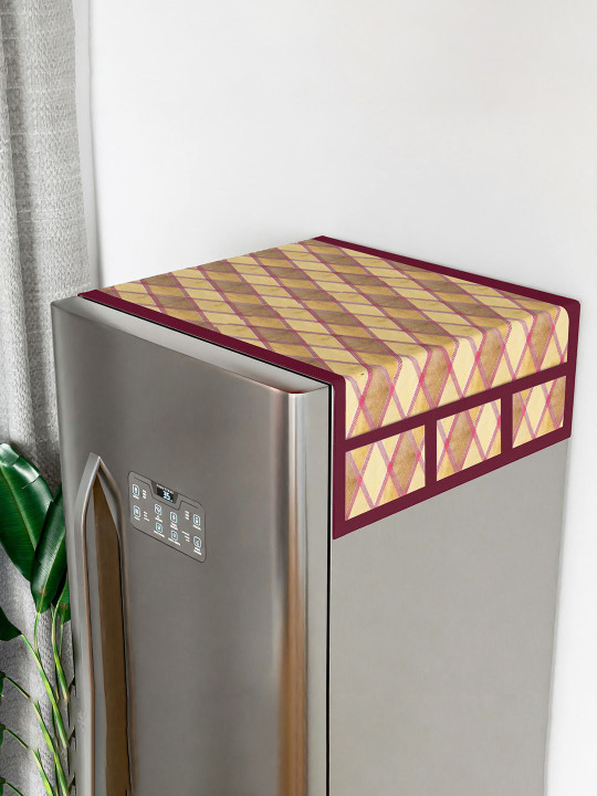 Kuber Industries Maroon & Brown Set of 3 Printed Fridge Top & Handle Refrigerator Covers