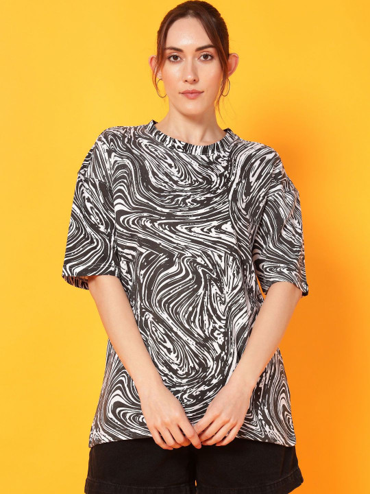 PockMAN Women Bio Finish Abstract Printed Round Neck Cotton Oversized T-shirt