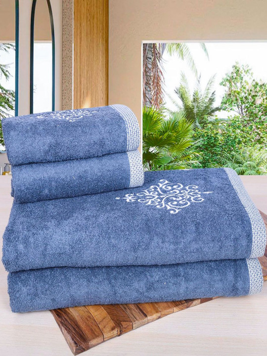 RANGOLI Blue & White 4 Piece Printed Cotton 600 GSM Towel Set