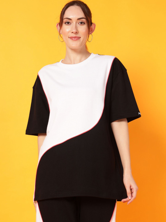 PockMAN Women Bio Finish Colourblocked Round Neck Cotton Oversized T-shirt