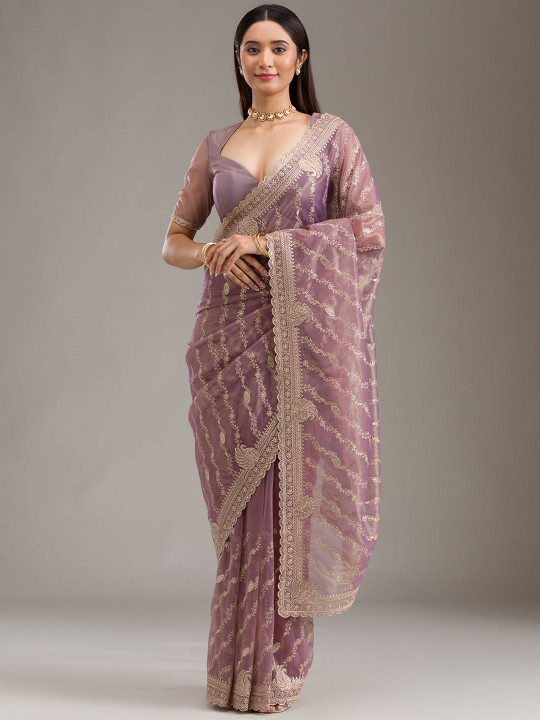 Koskii Women Zariwork Purple Tissue Saree With Unstitched Blouse