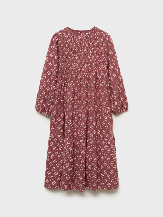 Mango Kids Girls Ethnic Motifs Printed Puff Sleeve Pure Cotton Fit & Flare Midi Dress