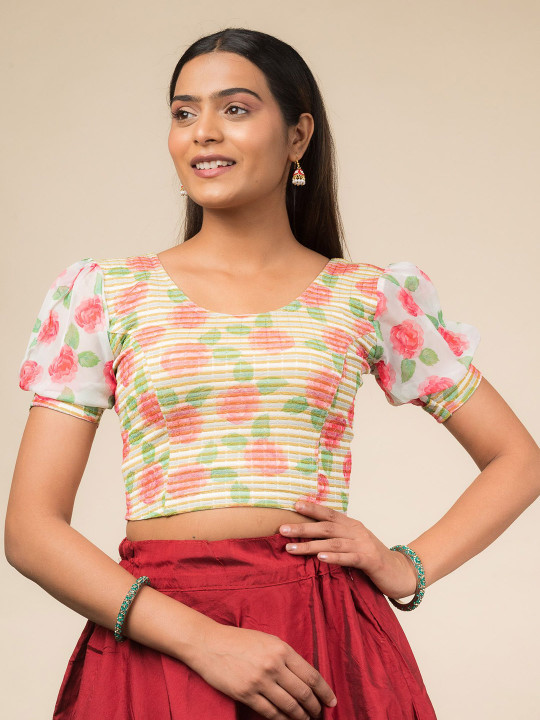 Bindigasm's Advi Women Printed Puff Sleeves Stretchable Slip-On Saree Blouse