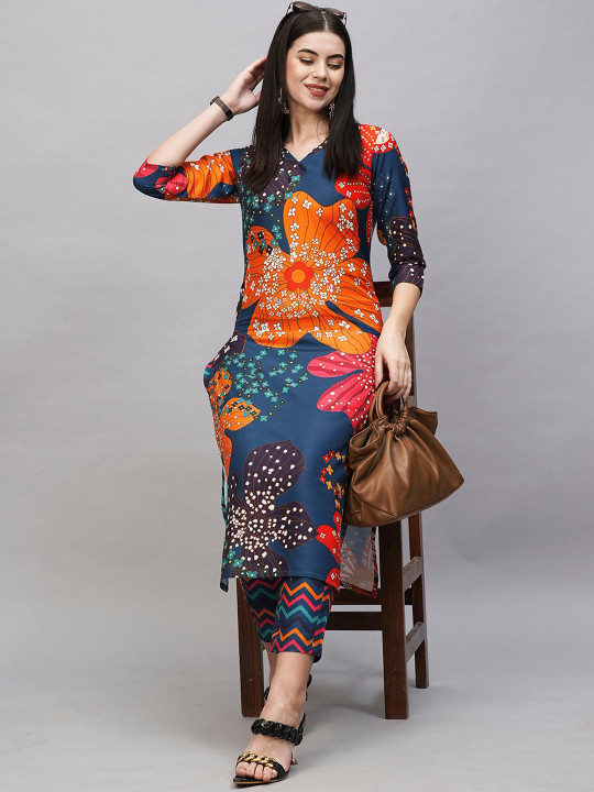DIVASTRI Floral Printed V-Neck Straight Kurta With Trouser