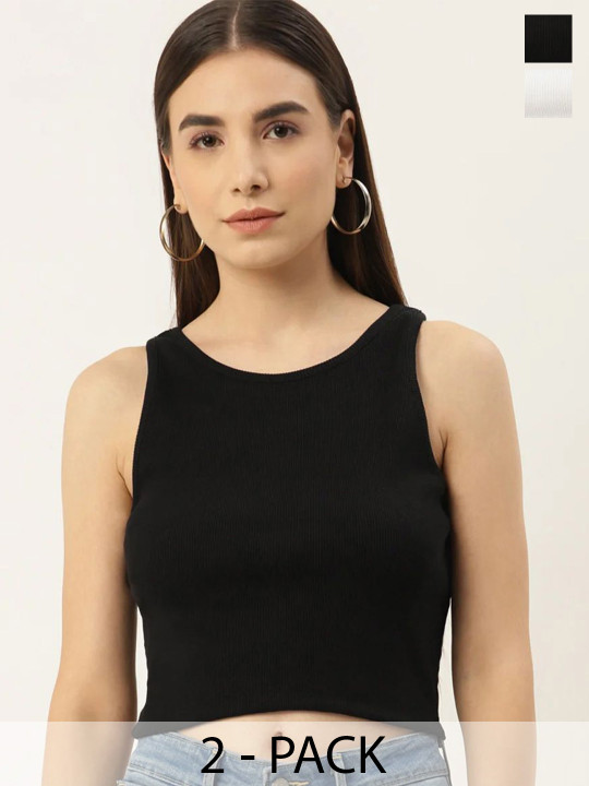 SRISARAS Women Pack Of 2 Boat Neck Crop Top