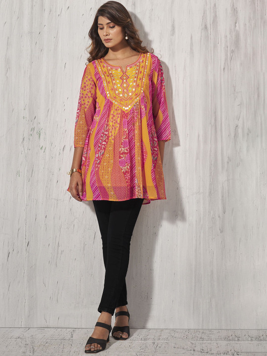 Anouk Ethnic Motifs Printed Notch Neck Mirror Work Anarkali Kurti