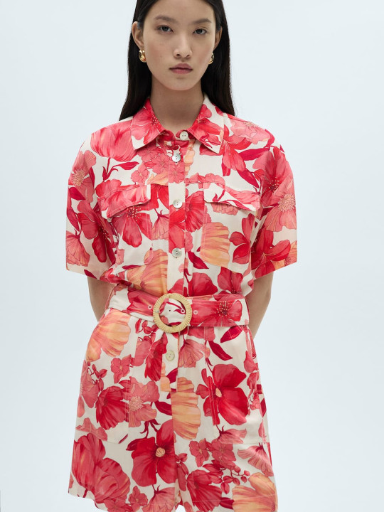 MANGO Floral Print Belted Playsuit