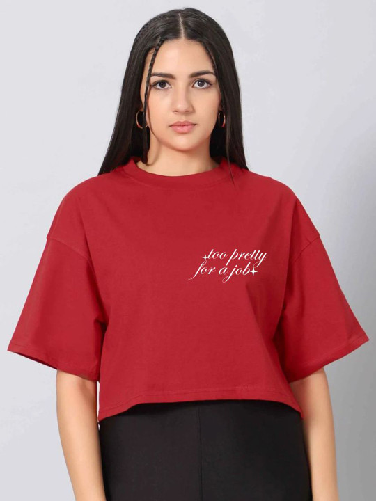 Besick Women Typography Printed Round Neck Oversized Crop Cotton T-shirt