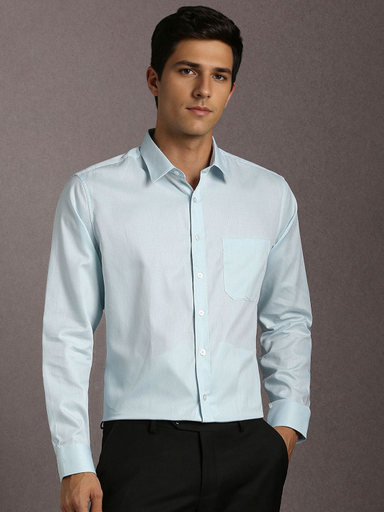 Louis Philippe Slim Fit Textured Spread Collar Cotton Shirt