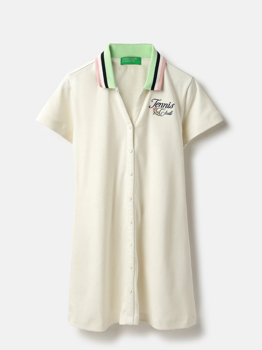 United Colors of Benetton Girls Typography Printed Pure Cotton Shirt Midi Dress