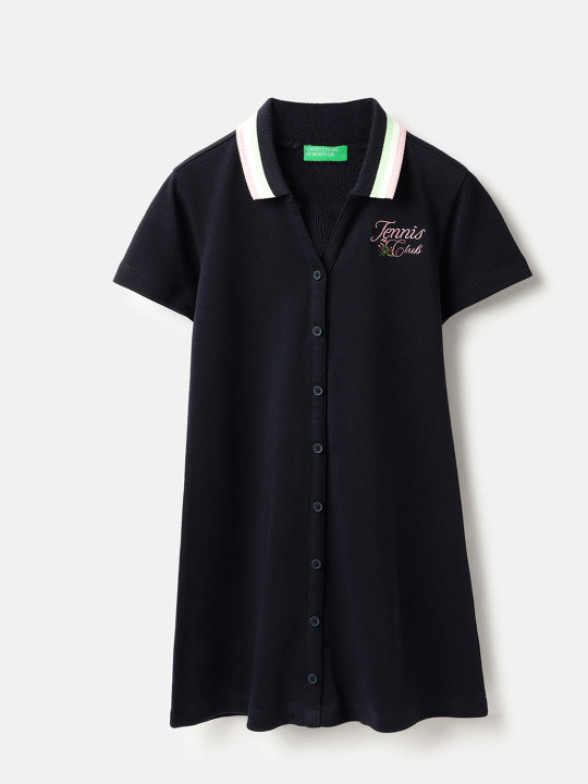 United Colors of Benetton Girls Typography Embroidered Shirt Collar A-Line Midi Dress