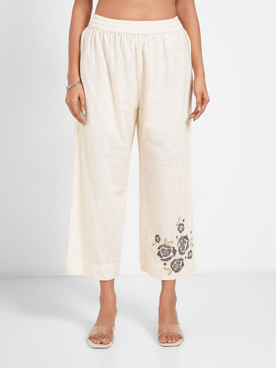 RANGMANCH BY PANTALOONS Women Floral Embroidered Wide Leg Pure Cotton Cropped Palazzo