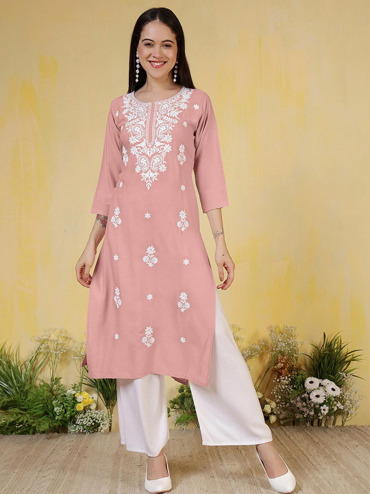 Uparna Women Light Pink Ethnic Motifs Embroidered Chikankari Kurta
