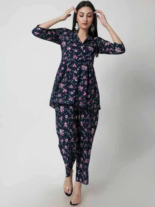 HERE&NOW Printed V Neck Cotton Top With Palazzo Co-Ords