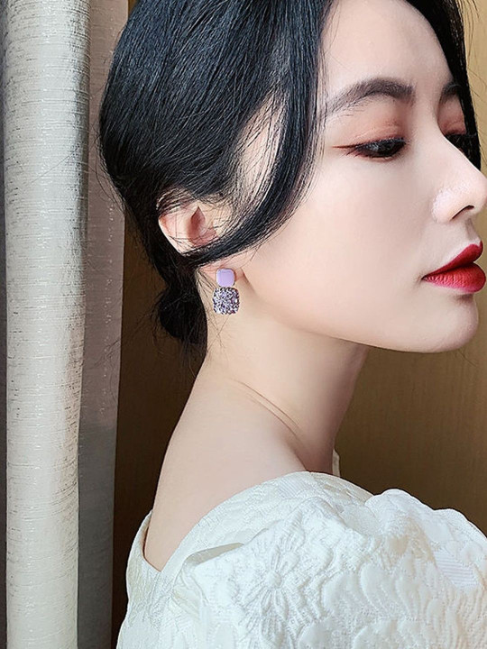 Celestique Korean Zircon Studded Square Shaped Drop Earrings