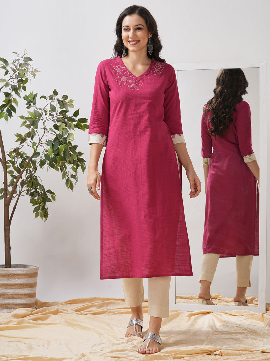 KAMI KUBI Women Solid Daily Pure Cotton Straight Kurta