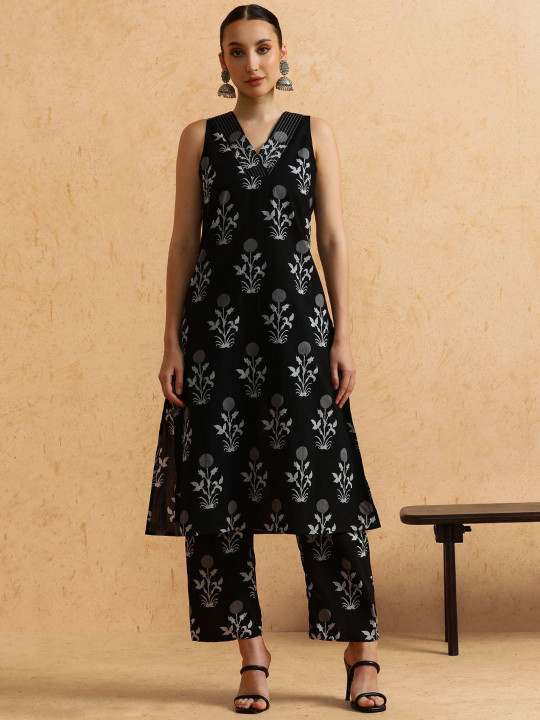 Anouk Floral Printed Thread Work Pure Cotton Straight Kurta With Palazzos