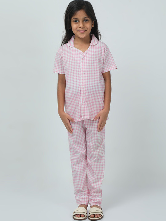 CHILINS Girls Checked Pure Cotton Night Suit