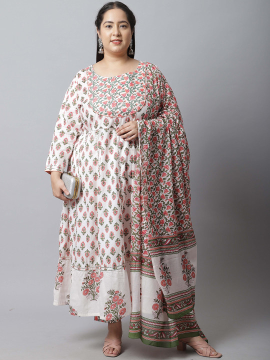 KALINI Floral Printed Pure Cotton Anarkali Kurta With Trousers & Dupatta
