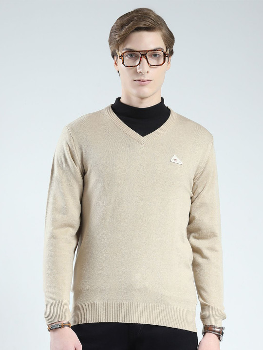 Monte Carlo Men Ribbed Self Design V Neck Full Sleeve Pullover Sweater