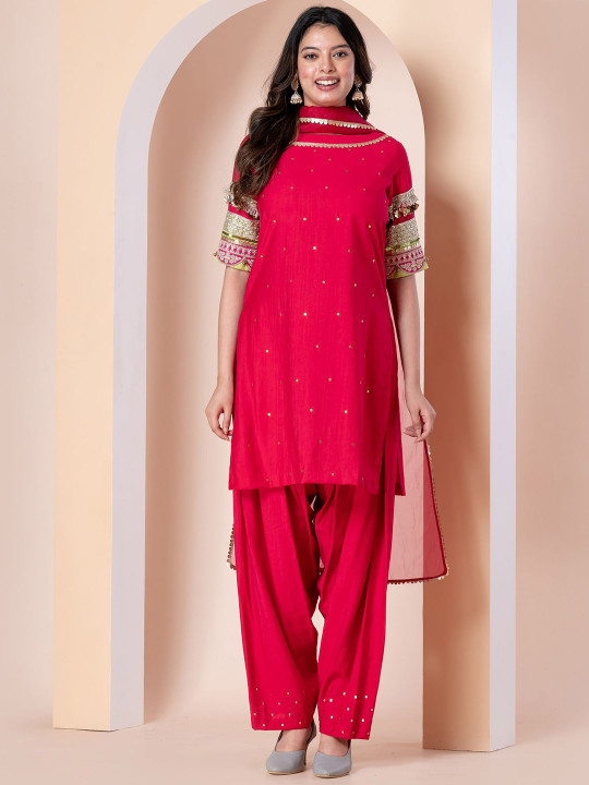 KYETH Women Ethnic Motifs Embroidered Regular Linen Kurta & Salwar With Dupatta