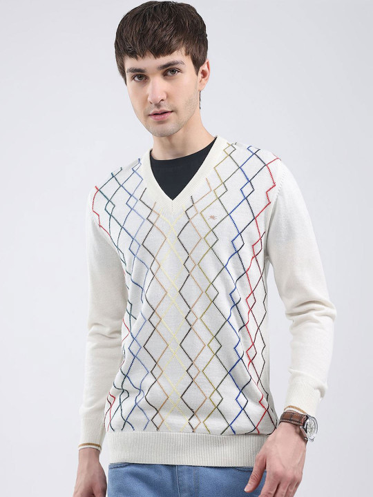 Monte Carlo Men Geometric Embroidered V Neck Full Sleeves Pullover