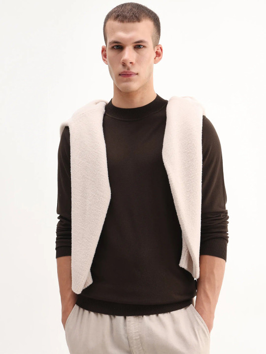RARE RABBIT Alva Men Dark Brown Solid Round Neck Pullover