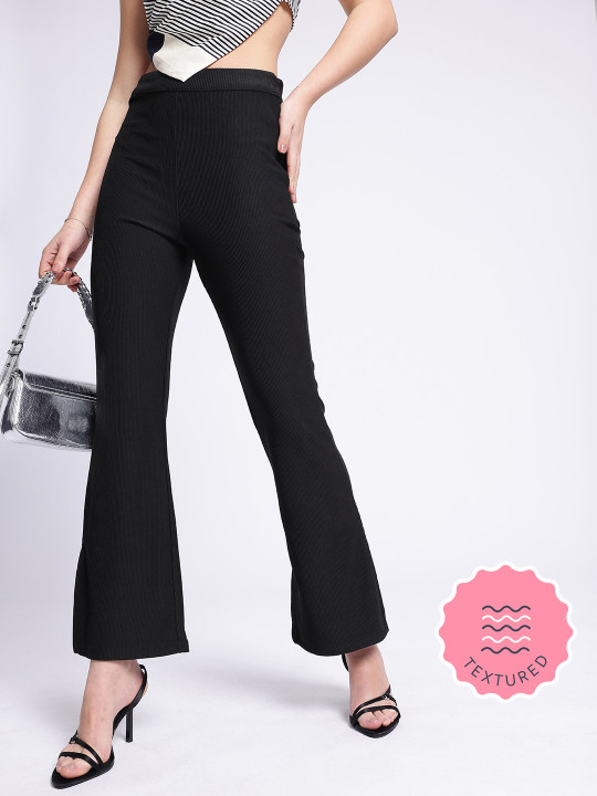 glitchez Women Ribbed High-Rise Bootcut Trousers