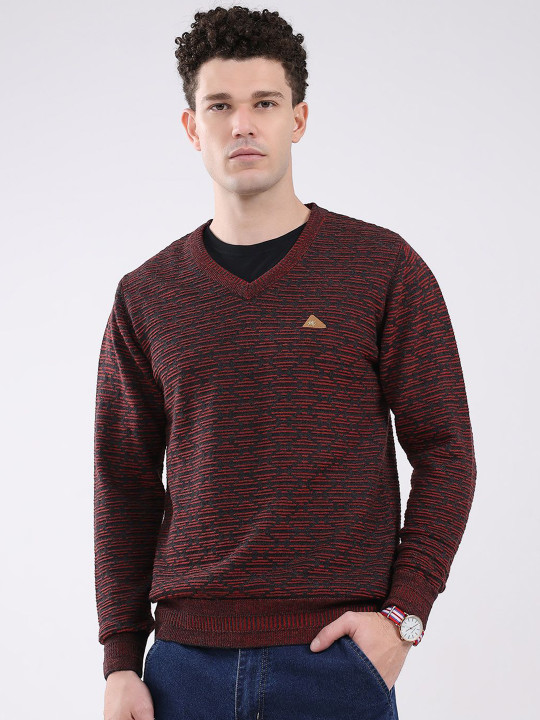 Monte Carlo Men Geometric Self Design V-Neck Pullover
