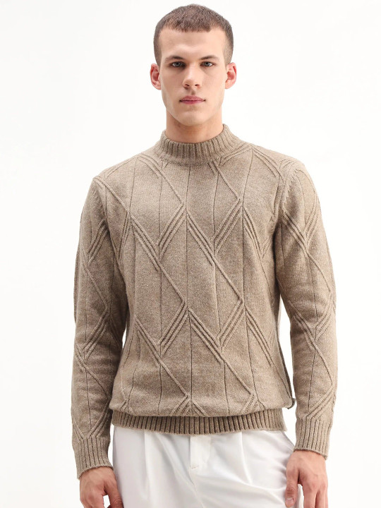 RARE RABBIT Alli Men Beige Dark Self Design Long Sleeves Pullover