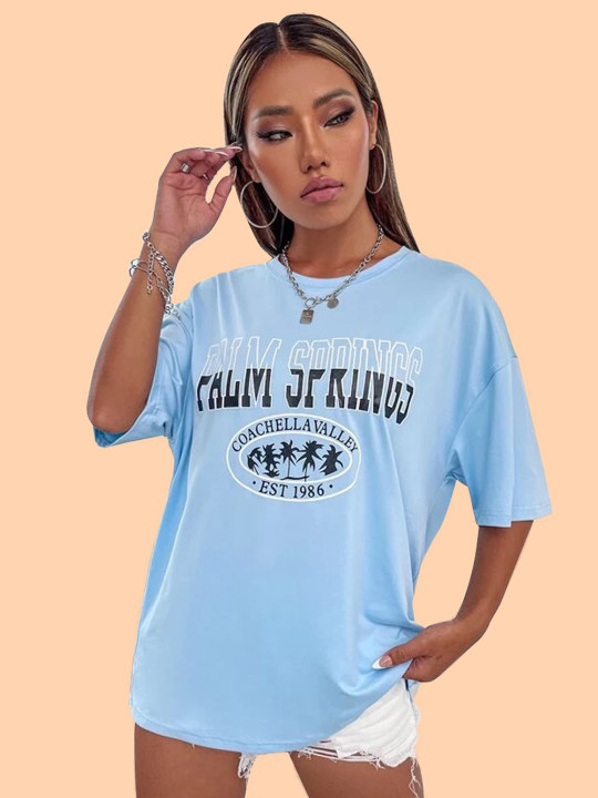 Christy World Typography Printed Round Neck Drop Shoulder Oversized T-shirt
