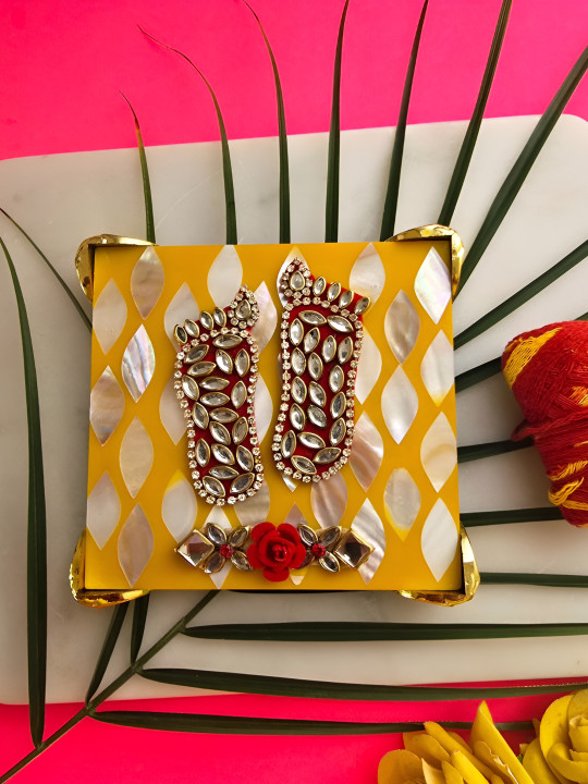 HOMEARTE White & Yellow Textured Wooden MOP Laxmi Charan Paduka