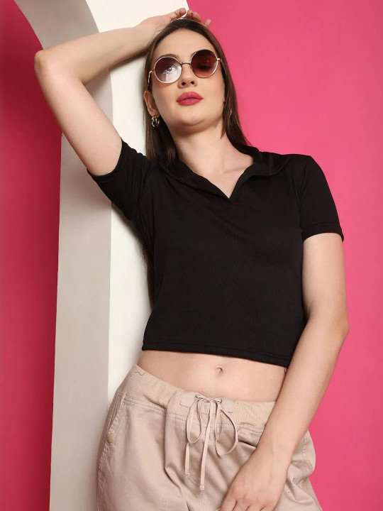 Roadster The Lifestyle Co. Shirt Collar Fitted Crop Top