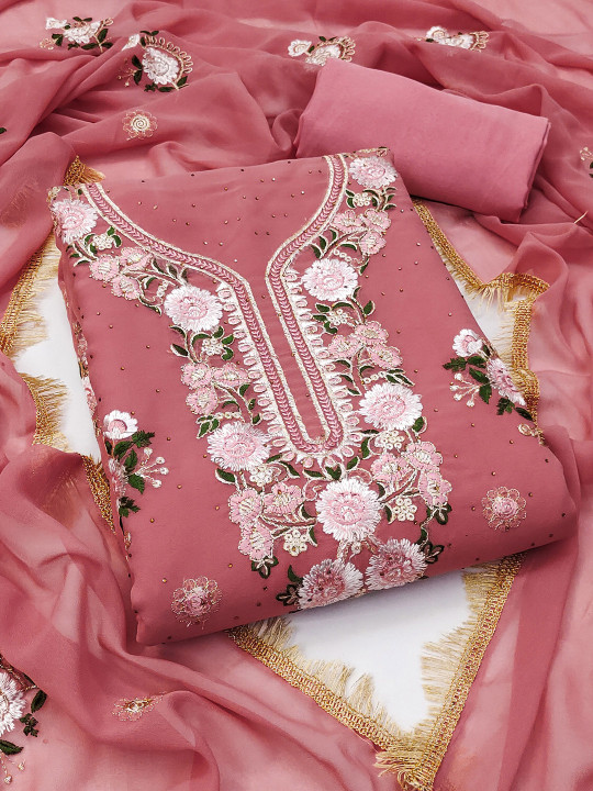 Maroosh Floral Embroidered Beads And Stones Silk Georgette Unstitched Dress Material
