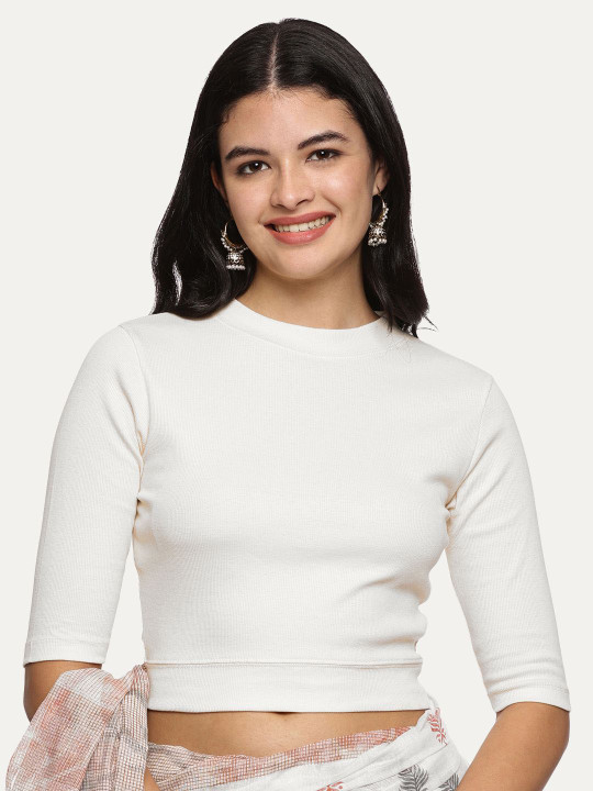 NOT YET by us Ribbed Elbow Sleeve Stretchable Saree Blouse