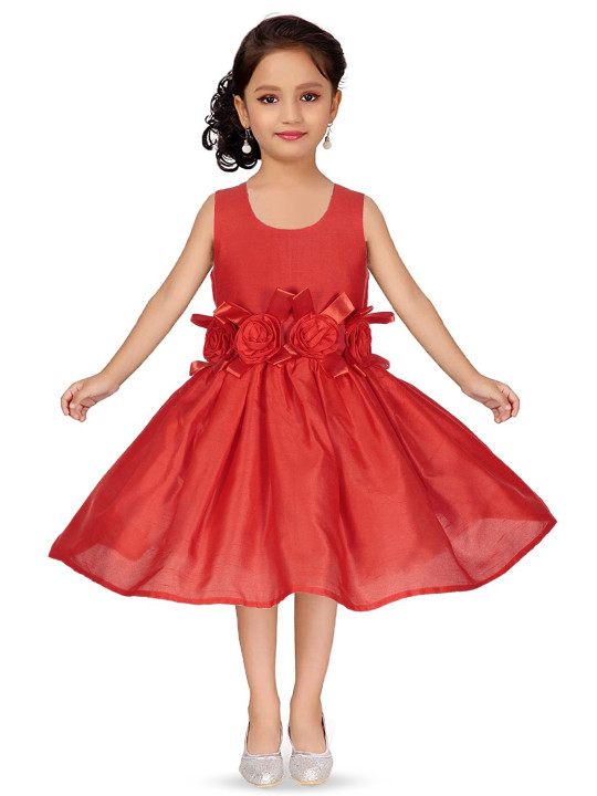 BAESD Girls Round Neck Satin Fit and Flare Belted Dress