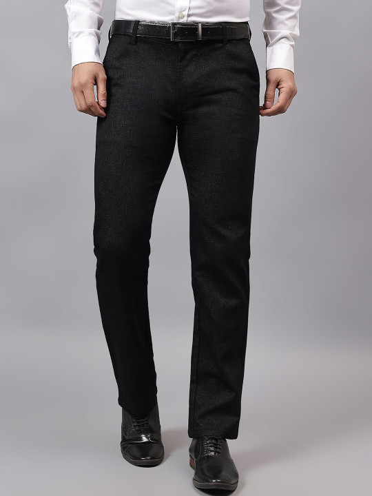 RARE CAMEL Men Relaxed Straight Leg Textured Slim Fit Mid-Rise FormalTrousers