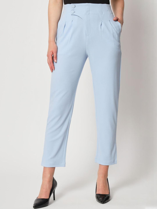 Zastraa Women Peg Leg Slim Fit High-Rise Pleated Cropped Trousers